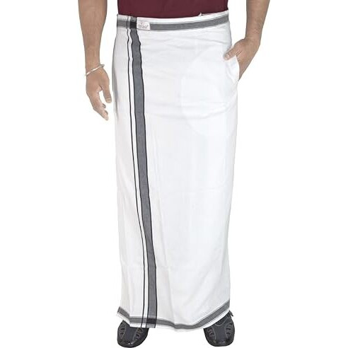 Tuni Mani Kerala Style Men's Cotton Welcro Pocket Dhoti, Vesti/Adjustable For All Size (Single Dhoti) (White (Bb))