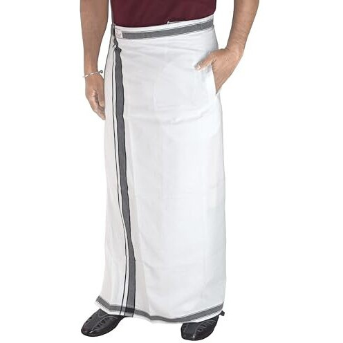 Tuni Mani Kerala Style Men's Cotton Welcro Pocket Dhoti, Vesti/Adjustable For All Size (Single Dhoti) (White (Bb))