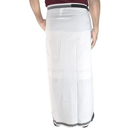 Tuni Mani Kerala Style Men's Cotton Welcro Pocket Dhoti, Vesti/Adjustable For All Size (Single Dhoti) (White (Bb))