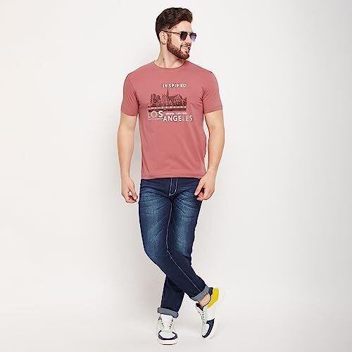Cantabil Cotton Blend Pink Regular Fit Printed Round Neck Half Sleeve Casual T-Shirt For Men | Half Sleeves T-Shirts For Men | Mens Round Neck Printed T-Shirt (Mtsh00321_Darkpink_L)