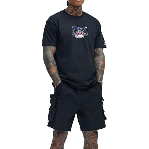 Peaceout Anime Printed Slim Fit T-Shirt, Goku Design, Black, Men's (X-Large, Black)