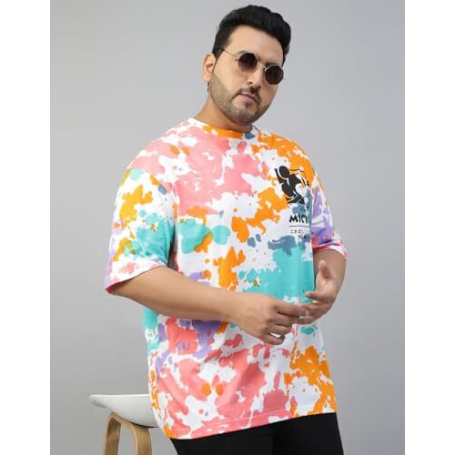 Veirdo 100% Pure Cottonofficical Disney Merchandise Mickey Mouse Printed Oversized Drop Shoulder Tie & Dye T-Shirt For Men (Vd_Ps_St3008_Td_5Xl) Multicolour