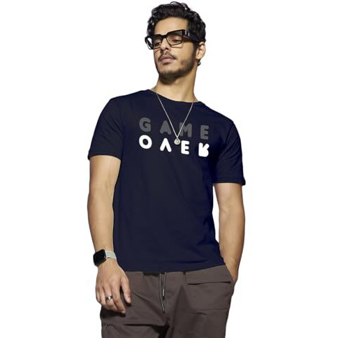 Bewakoof Men's Game Over Printed 100% Cotton T-Shirt - Regular Fit, Round Neck, Half Sleeves Blue
