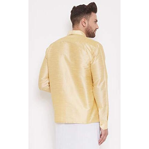 Vastramay Men's Gold Ethnic South Indian Silk Blend Shirt, Full Sleeve With Cuffed Sleeves, Perfect For Festive, Wedding, And Formal Occasions