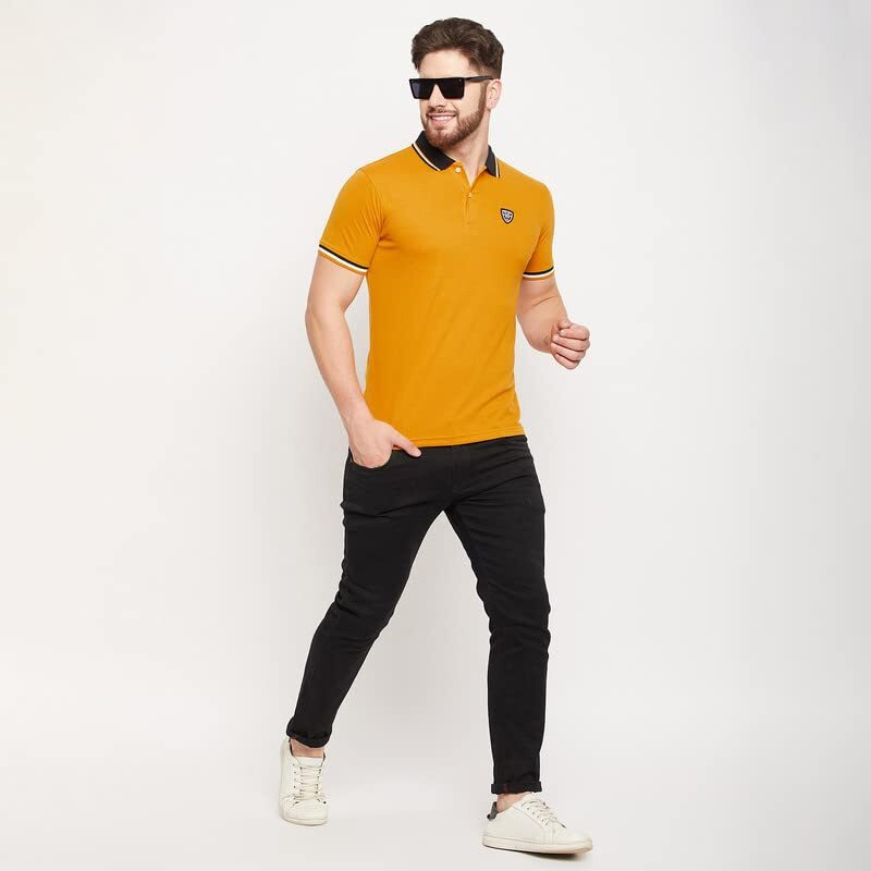 Cantabil Men Mustard Cotton Blend Polo Neck Half Sleeve Solid T-Shirt (Mtsh00317_Mustard_L)