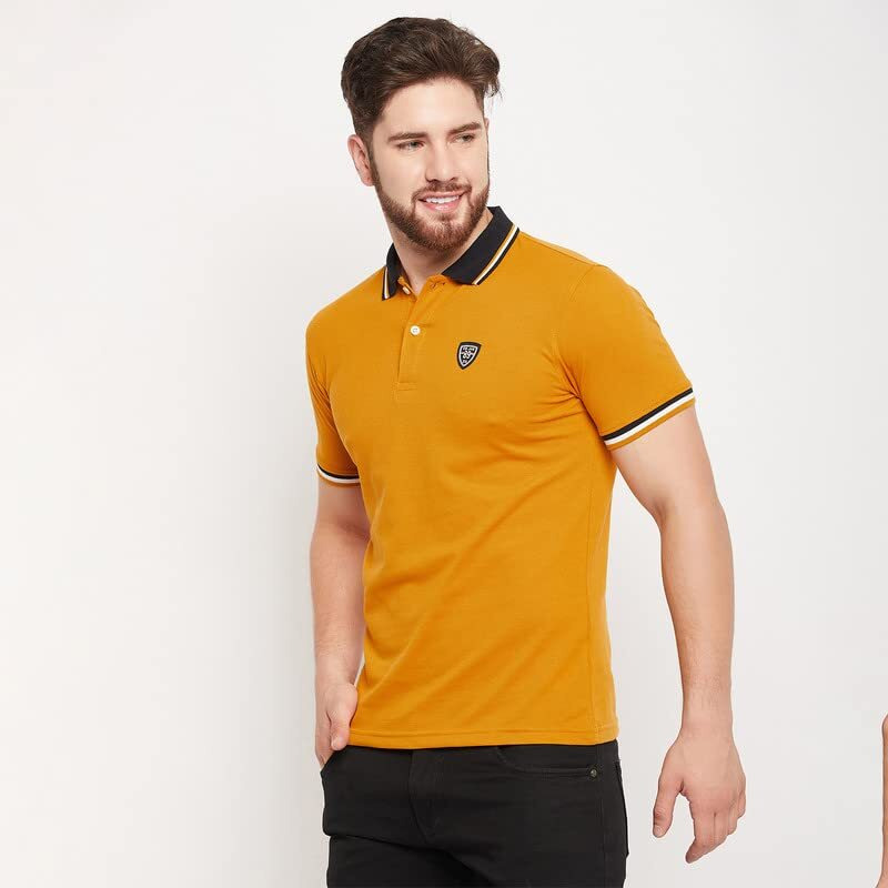 Cantabil Men Mustard Cotton Blend Polo Neck Half Sleeve Solid T-Shirt (Mtsh00317_Mustard_L)