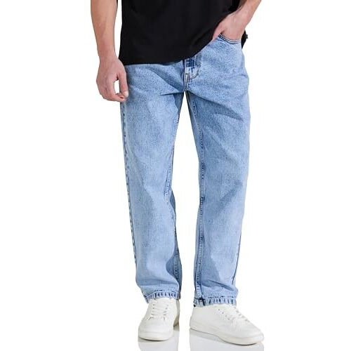 Amazon Brand - Symbol Men's Baggy Jeans (Loose Fit Mid Rise) Ice-Wash 36