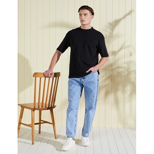 Amazon Brand - Symbol Men's Baggy Jeans (Loose Fit Mid Rise) Ice-Wash 36