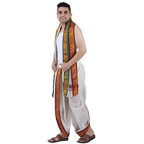 Prakasam Cotton Men's Panchakacham (Ready To Wear) Dhoti Towel Set With Pocket- Free Size. (Half White-2)