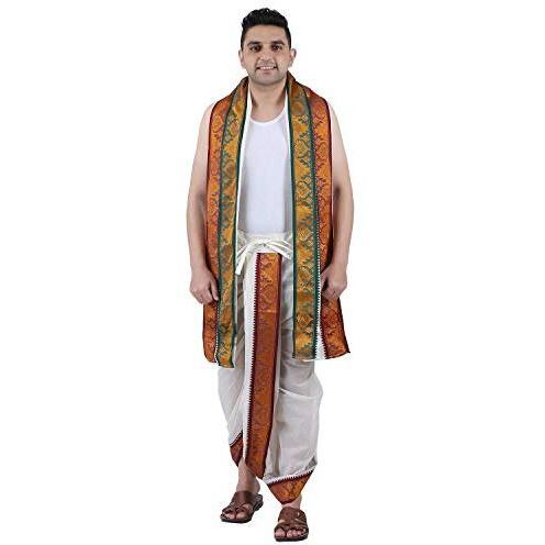 Prakasam Cotton Men's Panchakacham (Ready To Wear) Dhoti Towel Set With Pocket- Free Size. (Half White-2)