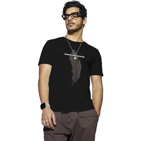 Bewakoof Men's Printed 100% Cotton T-Shirt - Regular Fit, Round Neck, Half Sleeves Black