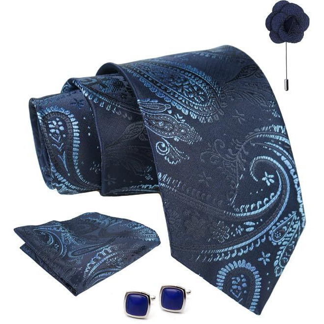 Axlon Navy Blue Pasiley Tie For Men  Formal Ties Set With Pocket Square & Tie Pin Clip For Mens, Silk Neckties Gift Sets For MenS (Ax24_29)