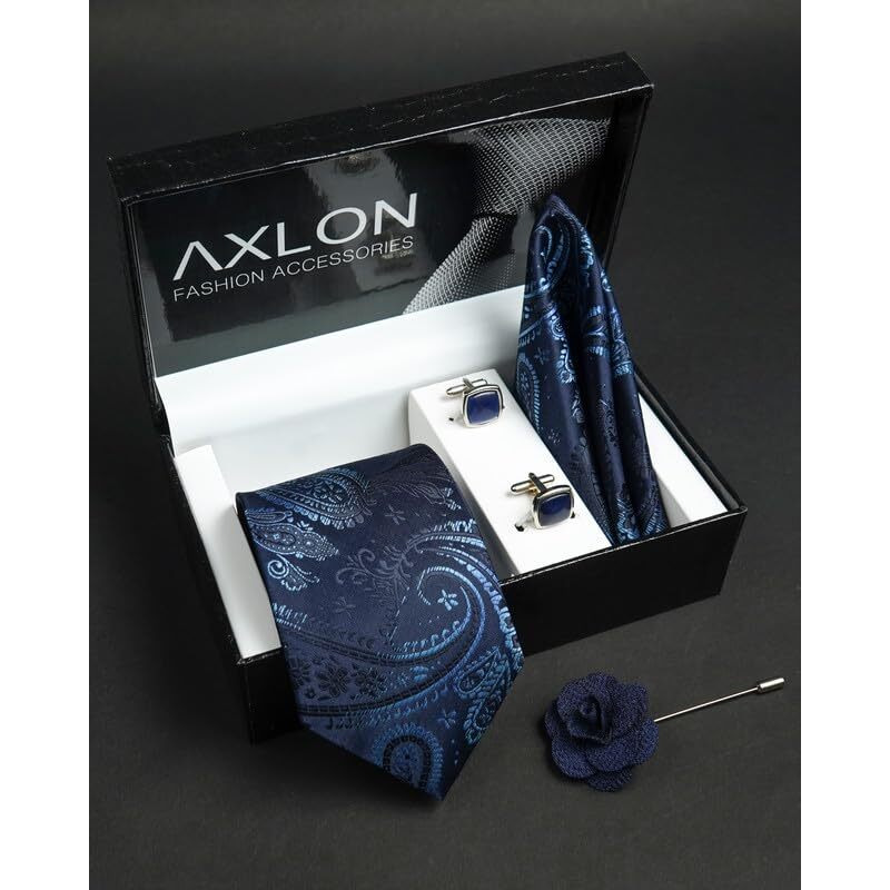Axlon Navy Blue Pasiley Tie For Men  Formal Ties Set With Pocket Square & Tie Pin Clip For Mens, Silk Neckties Gift Sets For MenS (Ax24_29)