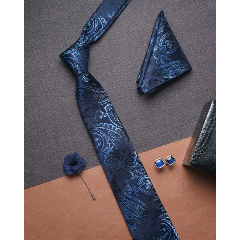 Axlon Navy Blue Pasiley Tie For Men  Formal Ties Set With Pocket Square & Tie Pin Clip For Mens, Silk Neckties Gift Sets For MenS (Ax24_29)