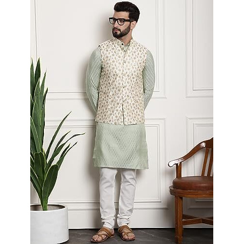 Sojanya (Since 1958 Timeless Elegance-Pista Green Kurta & Cream Nehru Jacket For The Festive Season