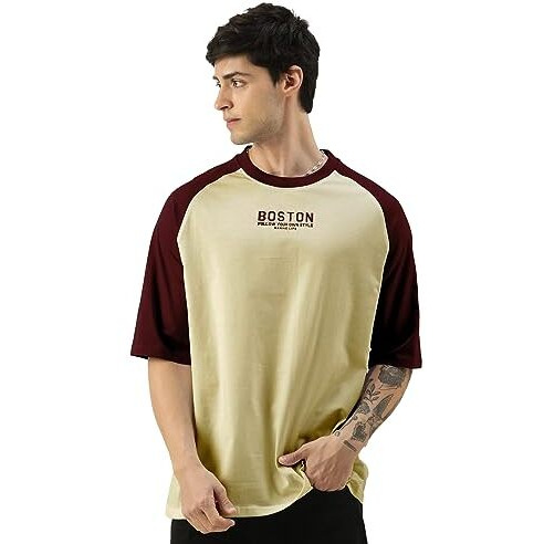 Maniac Mens Printed Round Neck Raglan Half Sleeve Butterscotch And Burgundy Cotton Oversized Tshirt