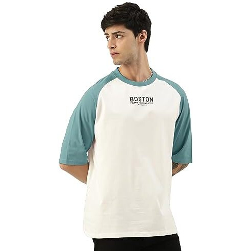 Maniac Mens Printed Round Neck Raglan Half Sleeve White & Blue Cotton Oversized Tshirt