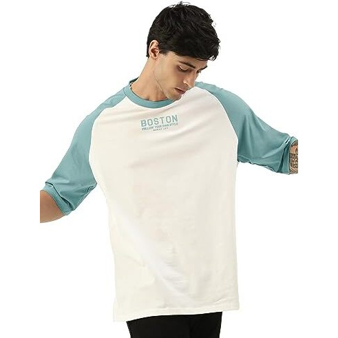 Maniac Mens Printed Round Neck Raglan Half Sleeve White & Blue Cotton Oversized Tshirt