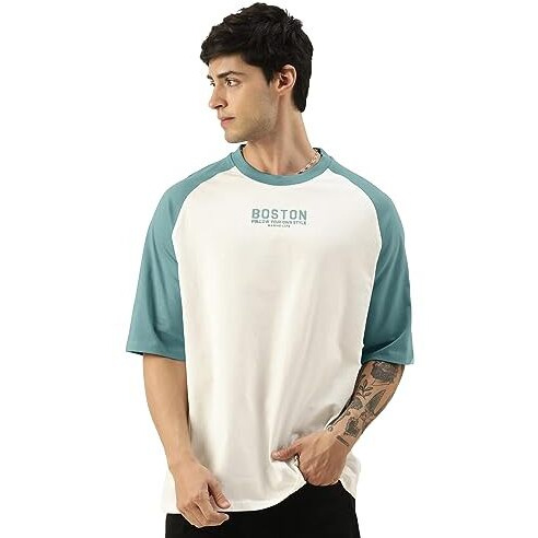 Maniac Mens Printed Round Neck Raglan Half Sleeve White & Blue Cotton Oversized Tshirt