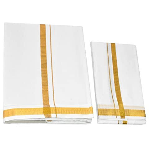 Tuni Mani Men's Cotton Welcro Dhoti/Jari Border Pocket Vesti/Adjustable For All Size (28"- 44")(Single Dhoti With Towel, Milk White)