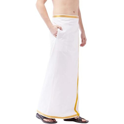 Tuni Mani Men's Cotton Welcro Dhoti/Jari Border Pocket Vesti/Adjustable For All Size (28"- 44")(Single Dhoti With Towel, Milk White)