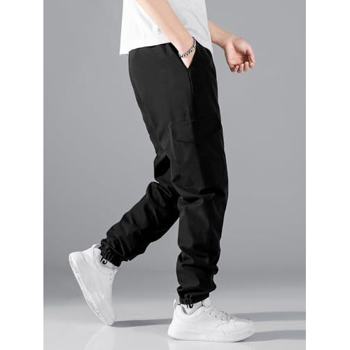Aahwan Solid Black Drawstring Waist Flap Pocket Side High Rise Cargo Casual Formal Pants For Men's & Boy's (252-Black-32)