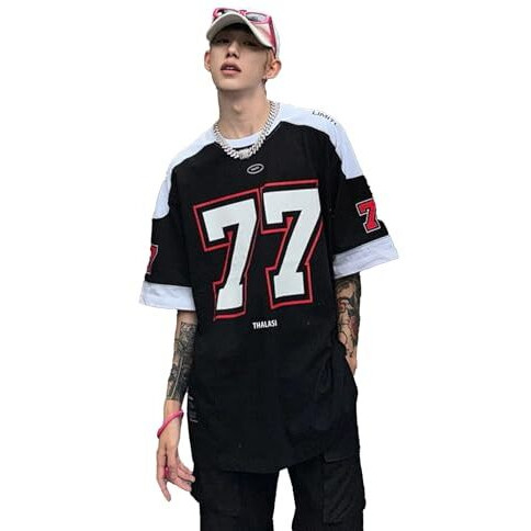Thalasi Men Cotton Jersey Aesthetic Oversized T Shirt For Men | Sports Jerseys T-Shirts & Half Sleeve Round Neck Printed Tshirt For Men - Down Shoulder Loose & Baggy Fit Korean T Shirts For Man & Boys