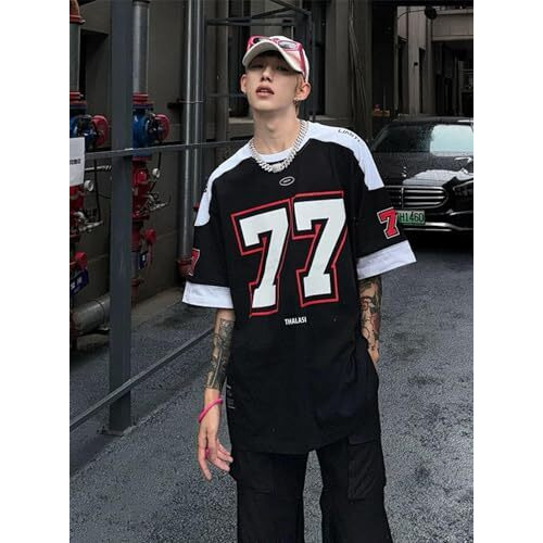 Thalasi Men Cotton Jersey Aesthetic Oversized T Shirt For Men | Sports Jerseys T-Shirts & Half Sleeve Round Neck Printed Tshirt For Men - Down Shoulder Loose & Baggy Fit Korean T Shirts For Man & Boys