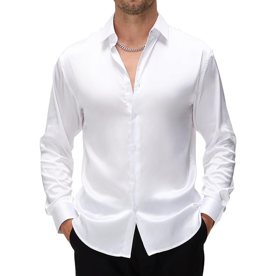 Cb-Colebrook Mens Stylish Solid Silk Satin Casual Dress Shirts For Men Shiny Long Sleeve Button Down Shirt Party Prom Wedding Shirt For Mens (In, Alpha, Xl, Regular, White)