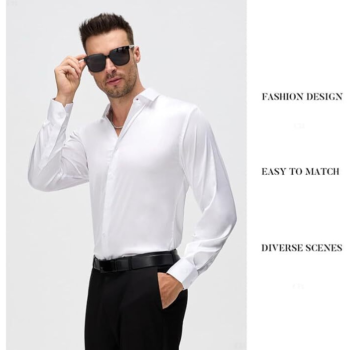 Cb-Colebrook Mens Stylish Solid Silk Satin Casual Dress Shirts For Men Shiny Long Sleeve Button Down Shirt Party Prom Wedding Shirt For Mens (In, Alpha, Xl, Regular, White)
