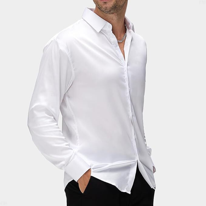 Cb-Colebrook Mens Stylish Solid Silk Satin Casual Dress Shirts For Men Shiny Long Sleeve Button Down Shirt Party Prom Wedding Shirt For Mens (In, Alpha, Xl, Regular, White)