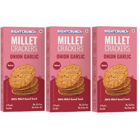 Rightcrunch Millet Crackers Gluten Free & Baked With High Protein & Fibre. Pack Of 3 Onion Garlic Flavour - Healthy Crackers, Healthy Chai Time Snacks, 300G.