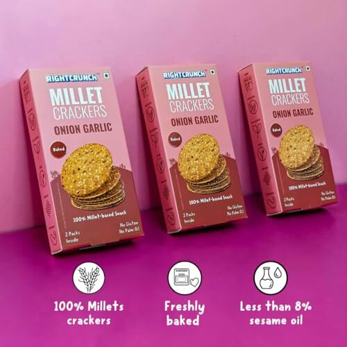Rightcrunch Millet Crackers Gluten Free & Baked With High Protein & Fibre. Pack Of 3 Onion Garlic Flavour - Healthy Crackers, Healthy Chai Time Snacks, 300G.