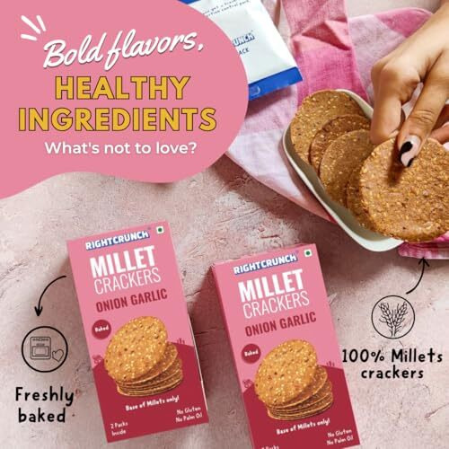 Rightcrunch Millet Crackers Gluten Free & Baked With High Protein & Fibre. Pack Of 3 Onion Garlic Flavour - Healthy Crackers, Healthy Chai Time Snacks, 300G.