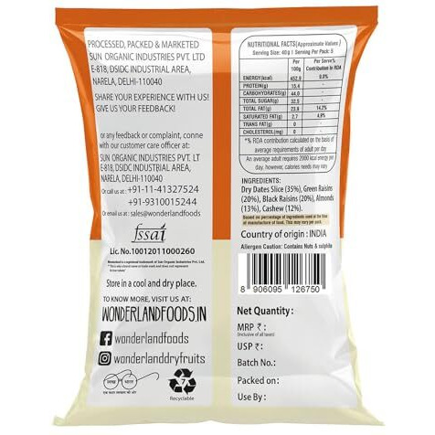 Wonderland Foods 200G Mix Dry Fruits (Panchmewa) Pouch | Almonds, Cashews, Green Raisins, Black Raisins, Dry Dates | Healthy & Nutritious | Rich In Iron, Fibre & Vitamins