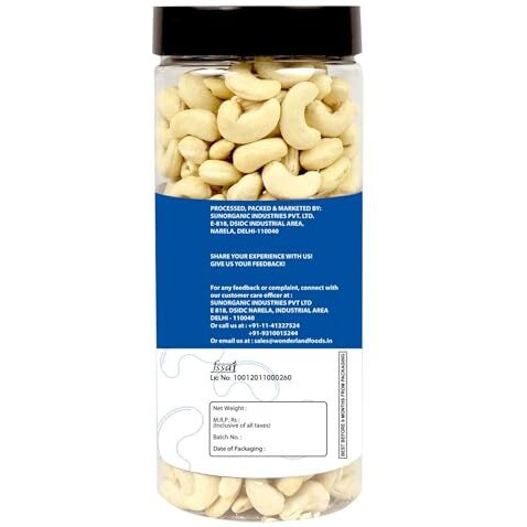 Wonderland Foods 500G Mangalore Cashews Kaju W320 Jar Dry Fruit Whole Cashew W320, Whole Cashew Nut, Gluten & Gmo-Free, Delicious & Healthy Nuts