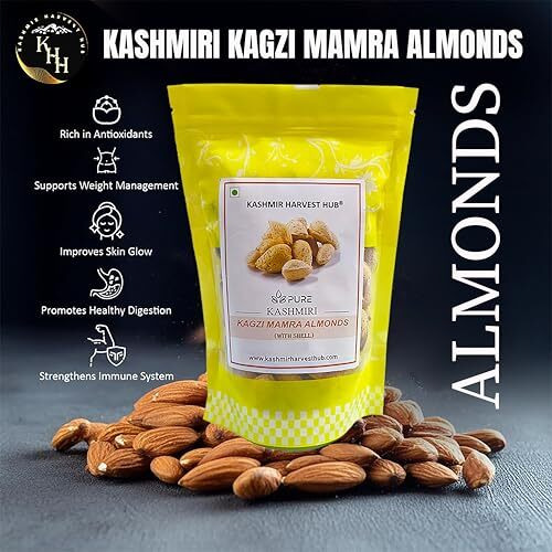 Kashmir Harvest Hub Kashmiri Kagzi Mamra Almonds With Paper Shell - 500G | 100% Natural & Premium Badam In Shell | Pure & Authentic | High In Fibre | Boost Immunity | Organic | A++ Grade | Direct From Kashmir (Pack Of 1)