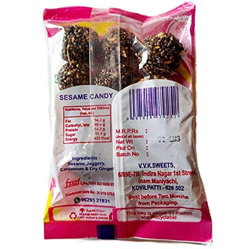 V.V.K.Sweets Kovilpatti Black Sesame Candy Balls | Karuppu Ellu Urundai | Pack Of 5 X 70Gm (10 Pieces In Each Pack)