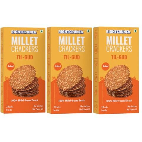 Rightcrunch Millet Crackers Gluten Free & Baked With High Protein & Fibre. Pack Of 3 Til-Gud Flavour - Healthy Crackers, Healthy Chai Time Snacks, 300G.