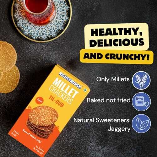 Rightcrunch Millet Crackers Gluten Free & Baked With High Protein & Fibre. Pack Of 3 Til-Gud Flavour - Healthy Crackers, Healthy Chai Time Snacks, 300G.