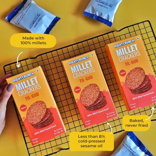 Rightcrunch Millet Crackers Gluten Free & Baked With High Protein & Fibre. Pack Of 3 Til-Gud Flavour - Healthy Crackers, Healthy Chai Time Snacks, 300G.