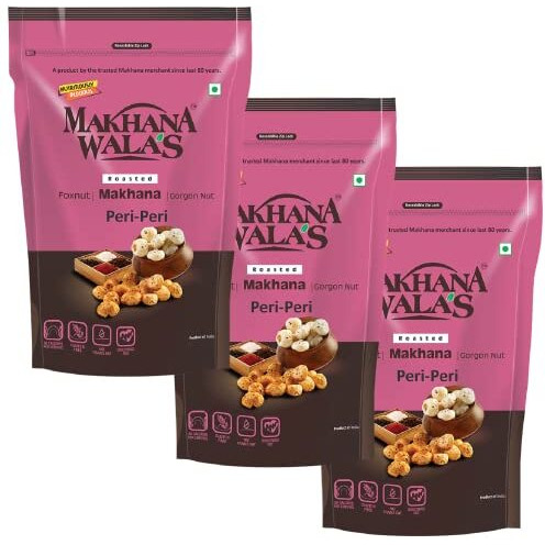 Makhanawala's Roasted & Flavoured Makhana (Foxnuts) | Gorgon Nut | Gluten Free Vegan Snacks | Healthy Diet Immunity Booster Snacks | Peri - Peri Flavored Makhana, Pack Of 3, 70 G Each.