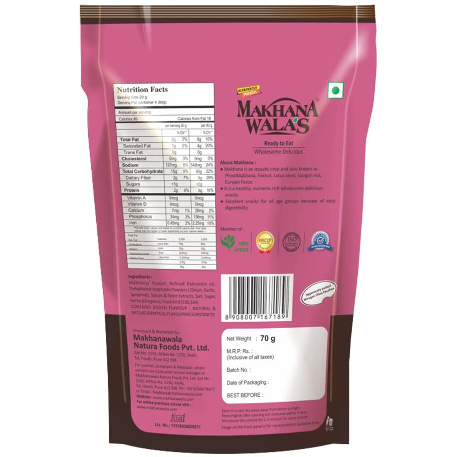 Makhanawala's Roasted & Flavoured Makhana (Foxnuts) | Gorgon Nut | Gluten Free Vegan Snacks | Healthy Diet Immunity Booster Snacks | Peri - Peri Flavored Makhana, Pack Of 3, 70 G Each.