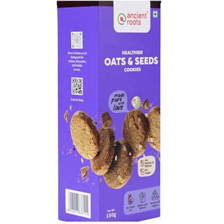 Ancient Roots Oats & Seeds Cookies - 150G / Biscuits (16-18 Pcs) / For Healthy Delicious Snacks / Best Paired With Tea & Coffee, No Wheat, No Maida, No Sugar, No Palm Oil / 100% Butter & Jaggery Cookies / Vacuum Pack