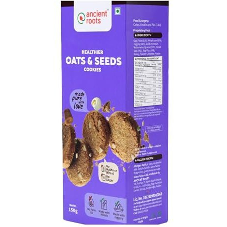 Ancient Roots Oats & Seeds Cookies - 150G / Biscuits (16-18 Pcs) / For Healthy Delicious Snacks / Best Paired With Tea & Coffee, No Wheat, No Maida, No Sugar, No Palm Oil / 100% Butter & Jaggery Cookies / Vacuum Pack