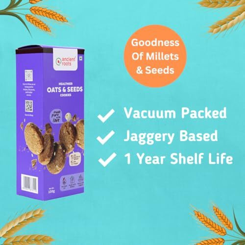 Ancient Roots Oats & Seeds Cookies - 150G / Biscuits (16-18 Pcs) / For Healthy Delicious Snacks / Best Paired With Tea & Coffee, No Wheat, No Maida, No Sugar, No Palm Oil / 100% Butter & Jaggery Cookies / Vacuum Pack