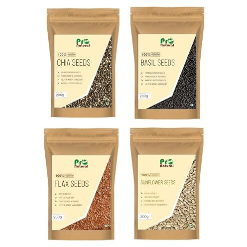 Pronatural Combo Pack Of 4 Raw Seeds - 800G (200Gx4) - Chia Seed, Basil Seed, Flax Seed & Sunflower Seeds For Complete Nutrition