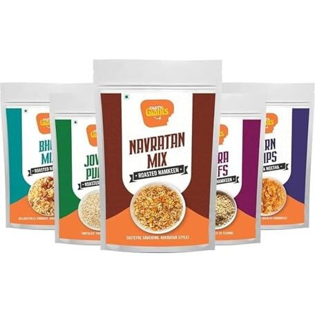 Tasty Giants Roasted Snacks Combo Pack Of 5 (560G) | Oil-Free Snacks | Roasted Namkeen Combo | Diet Snacks | Jowar & Bajra Puffs, Corn Chips, Navratan & Bhel Mix