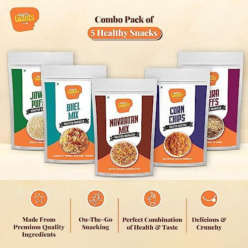 Tasty Giants Roasted Snacks Combo Pack Of 5 (560G) | Oil-Free Snacks | Roasted Namkeen Combo | Diet Snacks | Jowar & Bajra Puffs, Corn Chips, Navratan & Bhel Mix