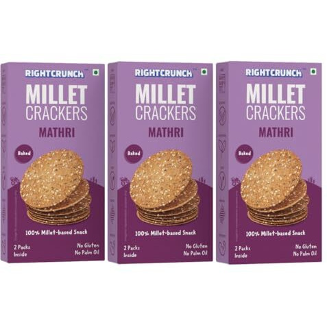 Rightcrunch Millet Crackers Gluten Free & Baked With High Protein & Fibre. Pack Of 3 Mathri Flavour - Healthy Crackers, Healthy Chai Time Snacks, 300G.